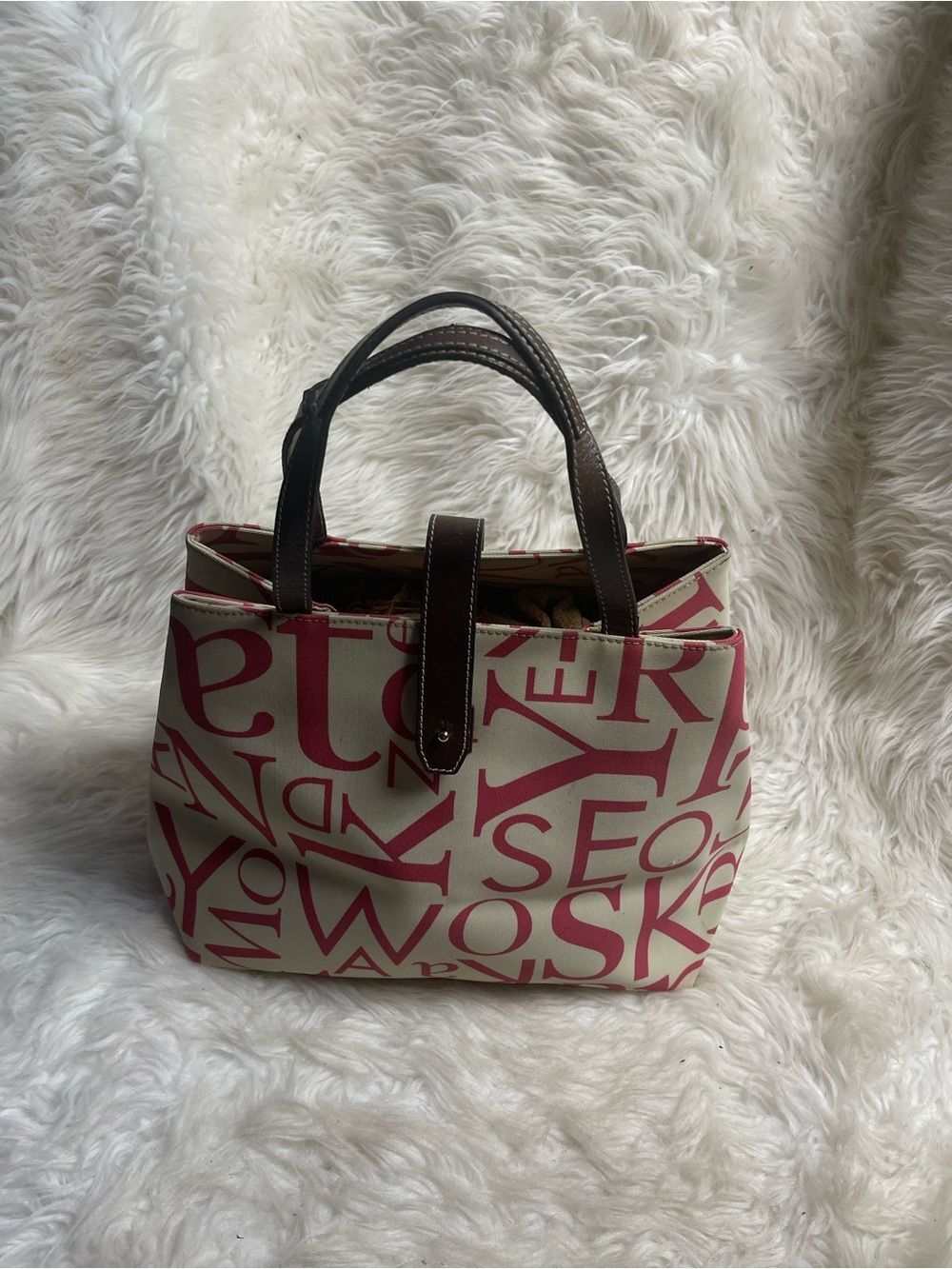 Kate Spade Beige & hot Pink Printed Canvas satchel with leather Brown Handles